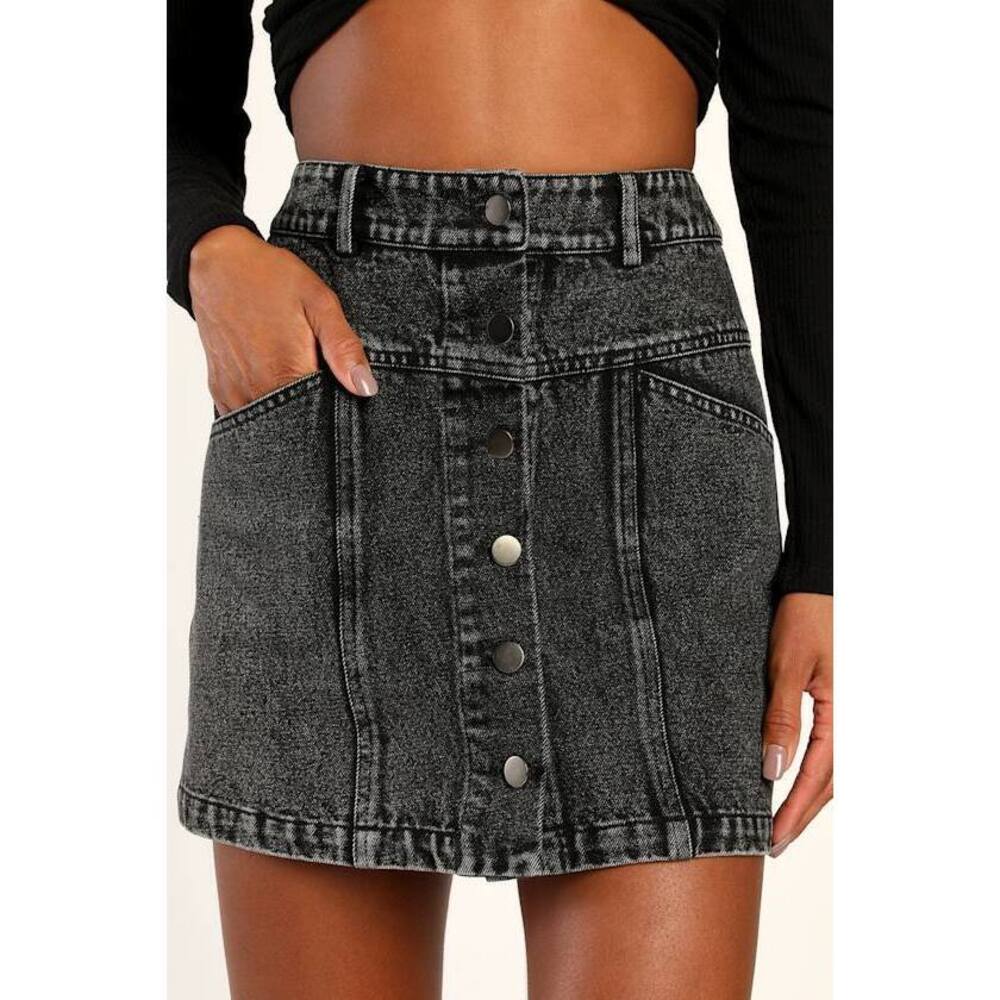 Lulus Real Babe Black High Waisted Button-up Denim Mini Skirt - Size XL